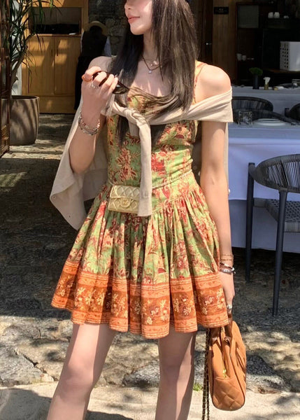 New Green Wrinkled Print Cotton Spaghetti Strap Dress Summer ZL052 SH-LF-SDM240621