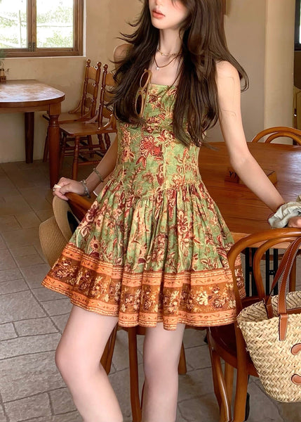 New Green Wrinkled Print Cotton Spaghetti Strap Dress Summer ZL052 SH-LF-SDM240621