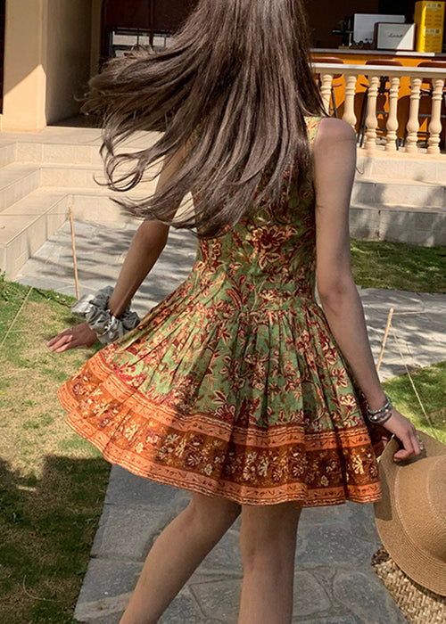 New Green Wrinkled Print Cotton Spaghetti Strap Dress Summer ZL052 SH-LF-SDM240621