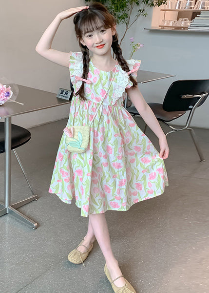 New Green Zippered Print Cotton Girls Long Dress Summer EW058 WS-RCTZSDGL240809