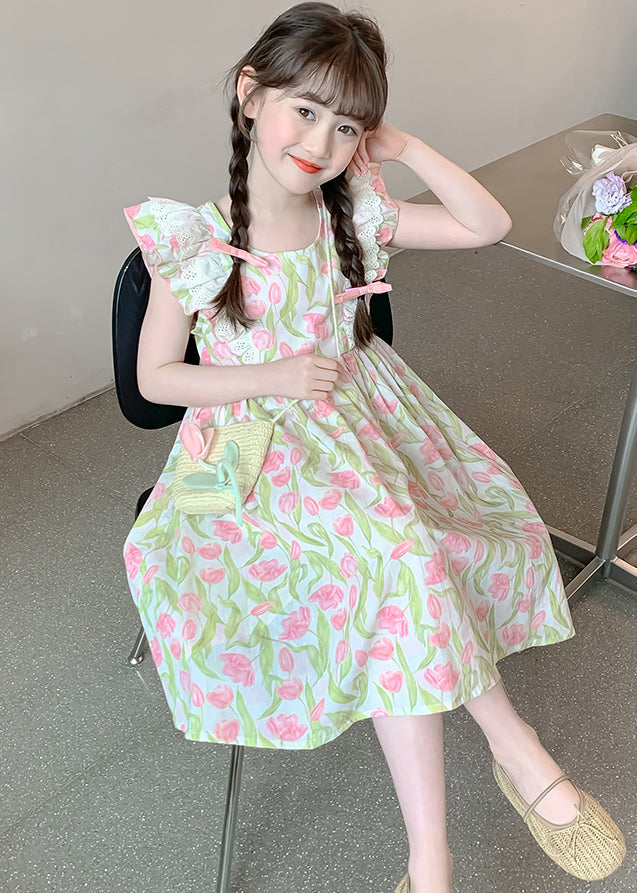 New Green Zippered Print Cotton Girls Long Dress Summer EW058 WS-RCTZSDGL240809