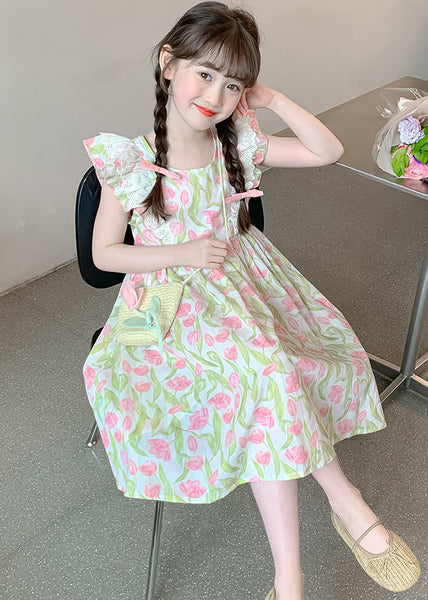 New Green Zippered Print Cotton Girls Long Dress Summer EW058 WS-RCTZSDGL240809