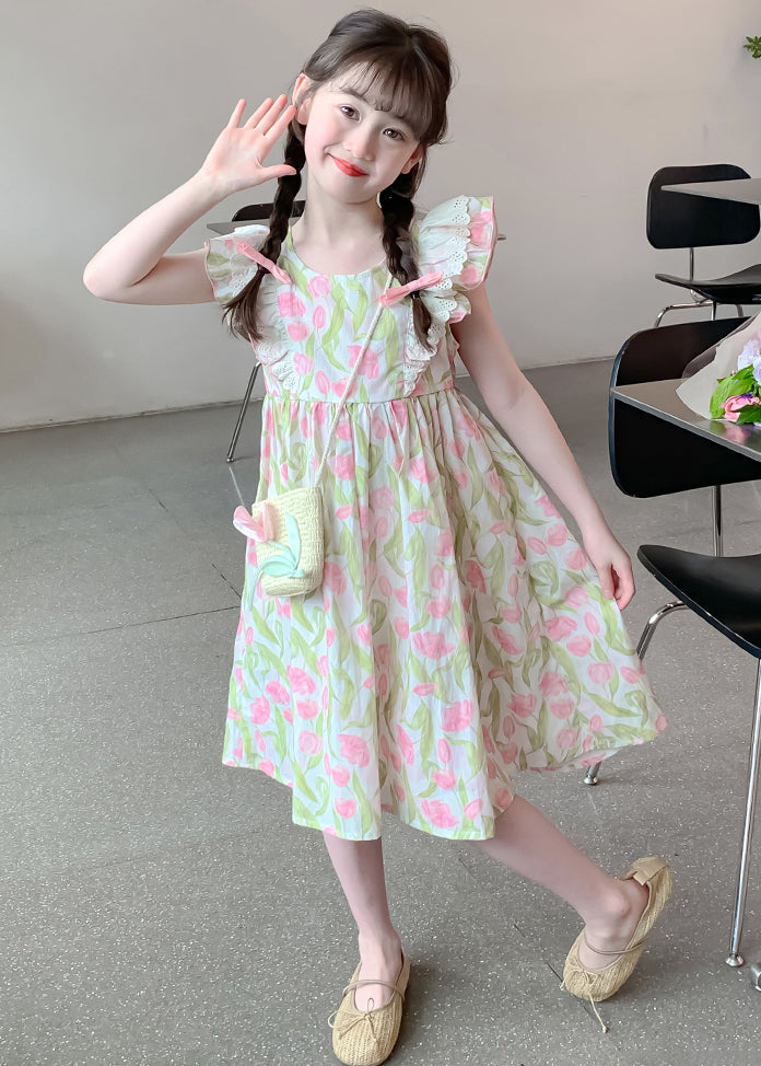 New Green Zippered Print Cotton Girls Long Dress Summer EW058 WS-RCTZSDGL240809