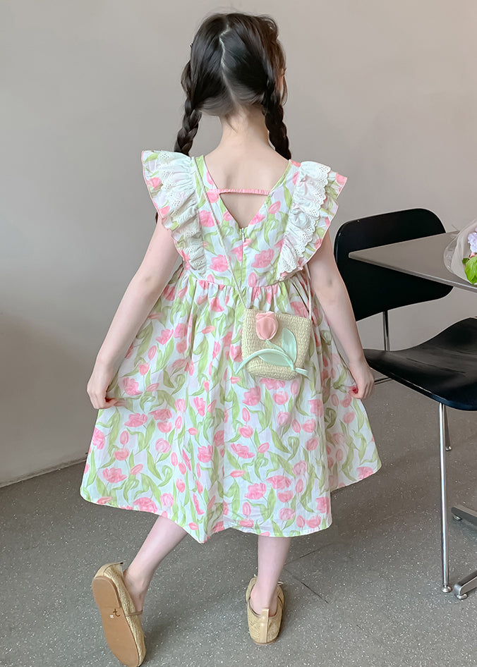 New Green Zippered Print Cotton Girls Long Dress Summer EW058 WS-RCTZSDGL240809