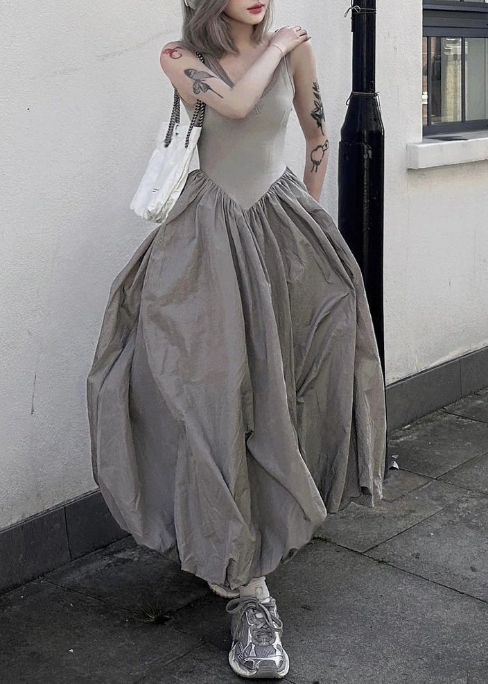New Grey Backless Patchwork Cotton Long Dresses Sleeveless PP030 OM-NZ240827