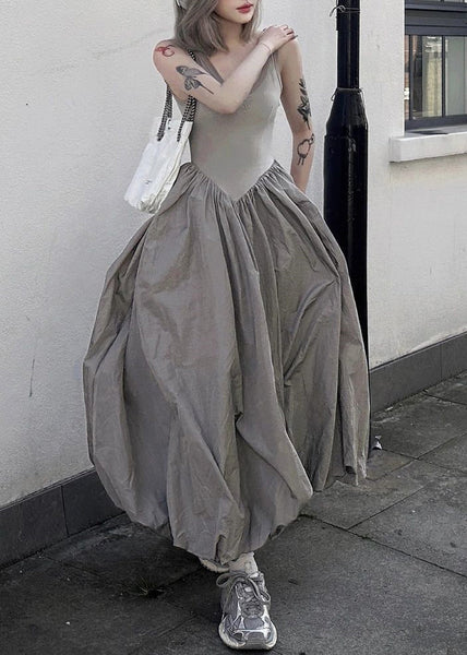 New Grey Backless Patchwork Cotton Long Dresses Sleeveless PP030 OM-NZ240827