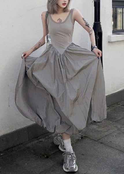 New Grey Backless Patchwork Cotton Long Dresses Sleeveless PP030 OM-NZ240827