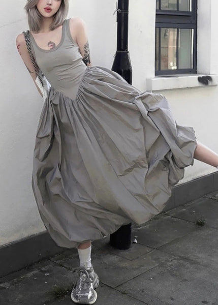 New Grey Backless Patchwork Cotton Long Dresses Sleeveless PP030 OM-NZ240827