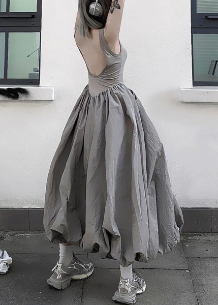 New Grey Backless Patchwork Cotton Long Dresses Sleeveless PP030 OM-NZ240827