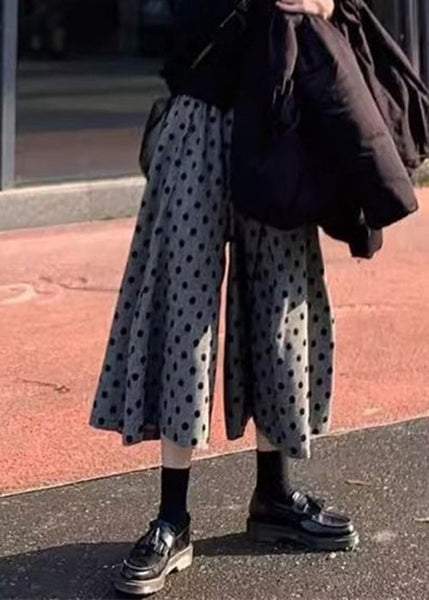 Dot Waist Summer Cotton Grey New Leg Pants Elastic Wide FashionChic