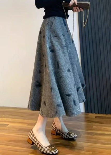 Grey Skirt Embroidered High Waist Woolen New Spring FashionChic