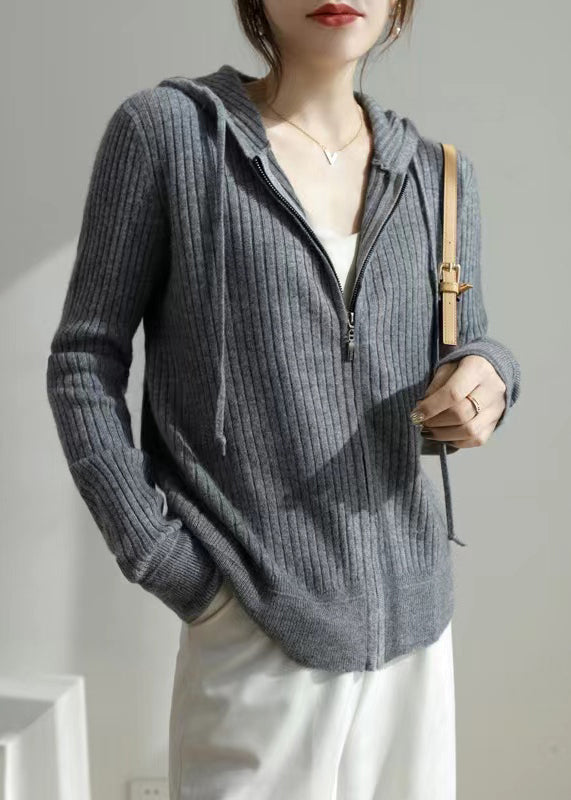 New Grey Hooded Zippered Cozy Knit Coat Fall QI015 OM-BB241005