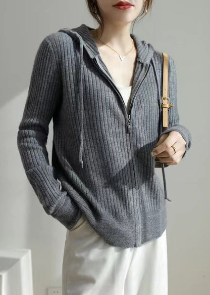New Grey Hooded Zippered Cozy Knit Coat Fall QI015 OM-BB241005