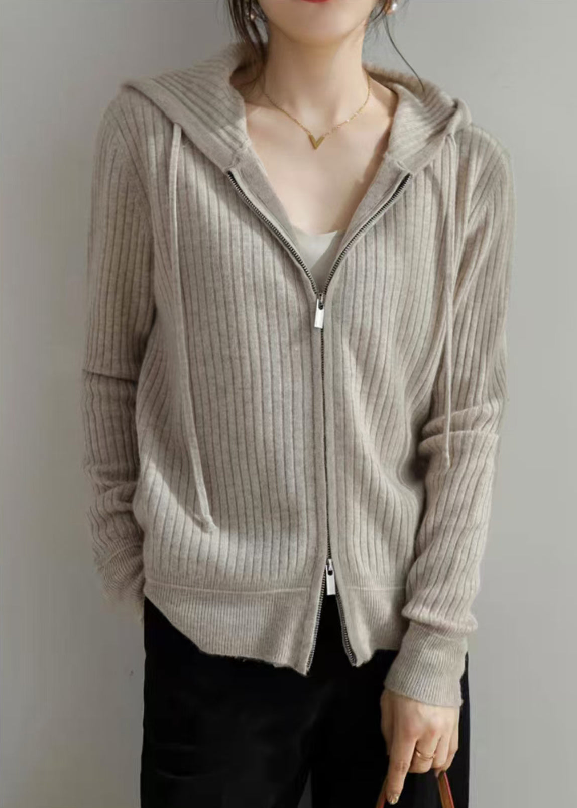 New Grey Hooded Zippered Cozy Knit Coat Fall QI015 OM-BB241005