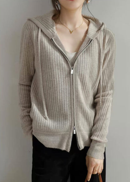 New Grey Hooded Zippered Cozy Knit Coat Fall QI015 OM-BB241005