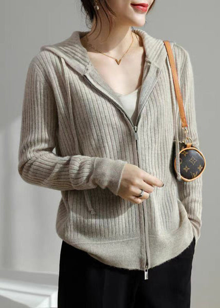 New Grey Hooded Zippered Cozy Knit Coat Fall QI015 OM-BB241005