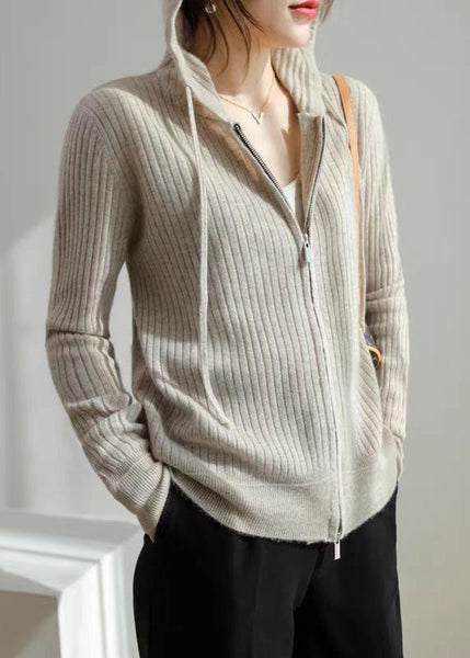 New Grey Hooded Zippered Cozy Knit Coat Fall QI015 OM-BB241005