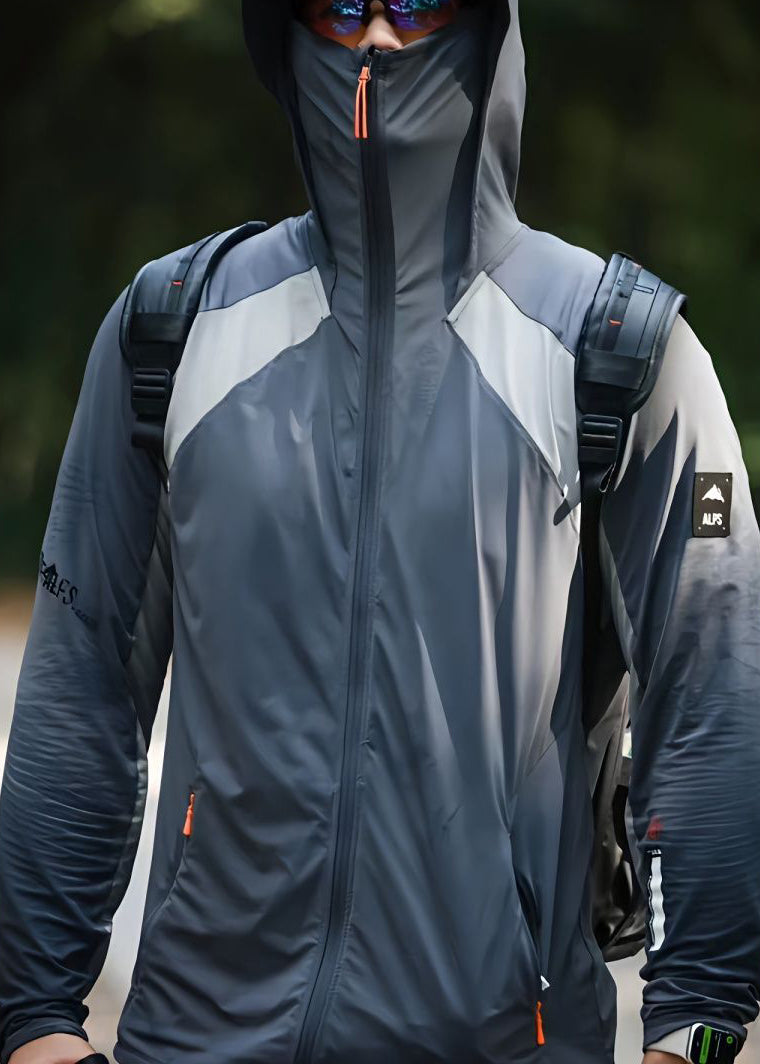 Grey Hooded Mens Coat Silk Ice Zippered New Patchwork 50+ UPF FashionChic