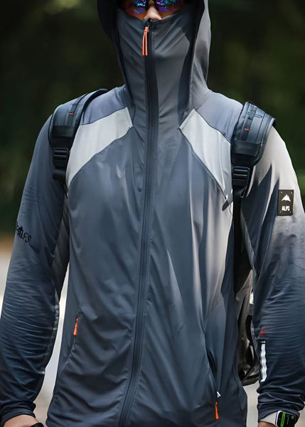 Grey Hooded Mens Coat Silk Ice Zippered New Patchwork 50+ UPF FashionChic