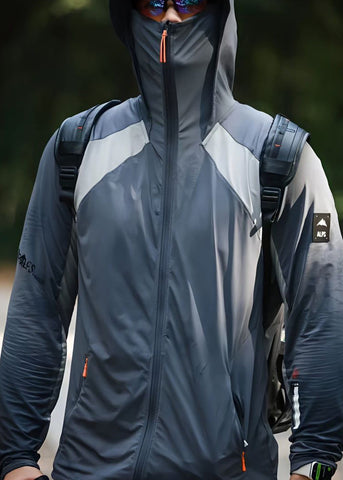 Grey Hooded Mens Coat Silk Ice Zippered New Patchwork 50+ UPF FashionChic