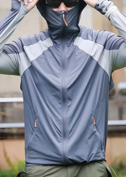 Grey Hooded Mens Coat Silk Ice Zippered New Patchwork 50+ UPF FashionChic