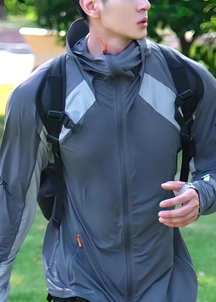 Grey Hooded Mens Coat Silk Ice Zippered New Patchwork 50+ UPF FashionChic