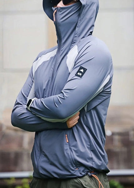 Grey Hooded Mens Coat Silk Ice Zippered New Patchwork 50+ UPF FashionChic