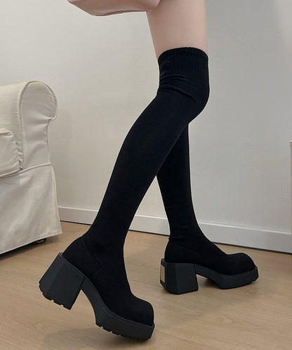 New Grey Knit Fabric Chic Splicing Chunky Heel Knee Boots QK067 shoe-XZ241013