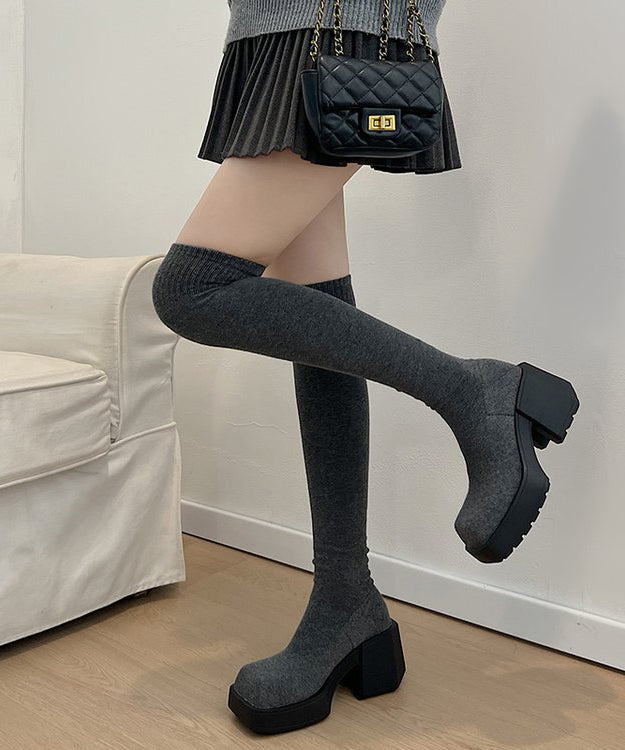 New Grey Knit Fabric Chic Splicing Chunky Heel Knee Boots QK067 shoe-XZ241013