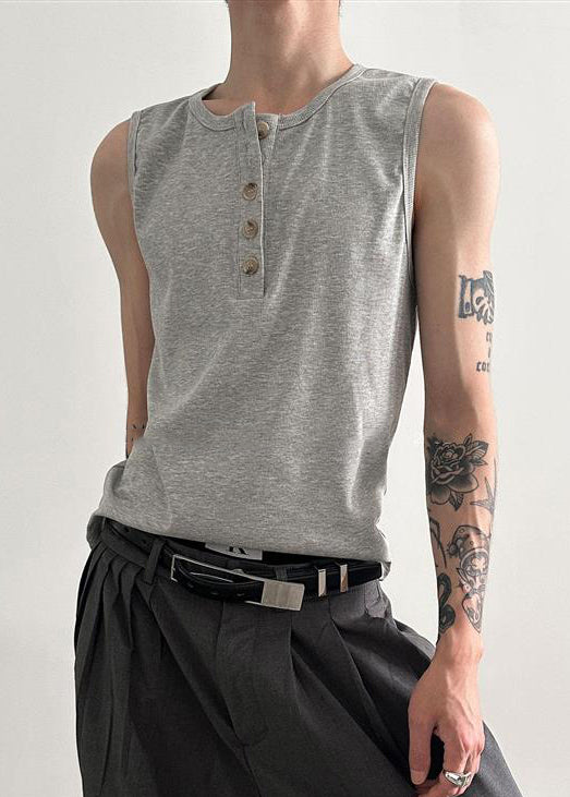 Tank Cotton Button New Grey Neck Men O Summer FashionChic