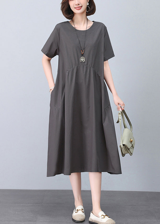 New Grey O Neck Pockets Cotton Dresses Summer MN052 MMDM-SDL240704