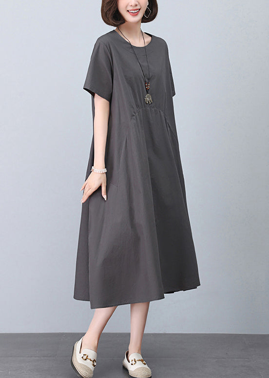 New Grey O Neck Pockets Cotton Dresses Summer MN052 MMDM-SDL240704