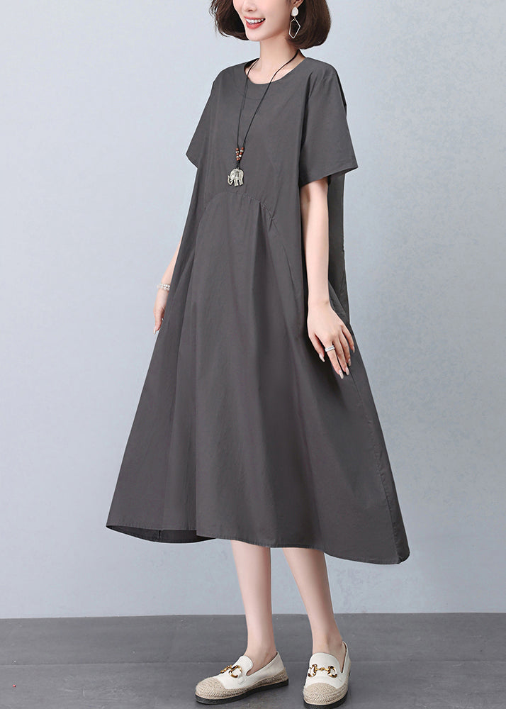 New Grey O Neck Pockets Cotton Dresses Summer MN052 MMDM-SDL240704