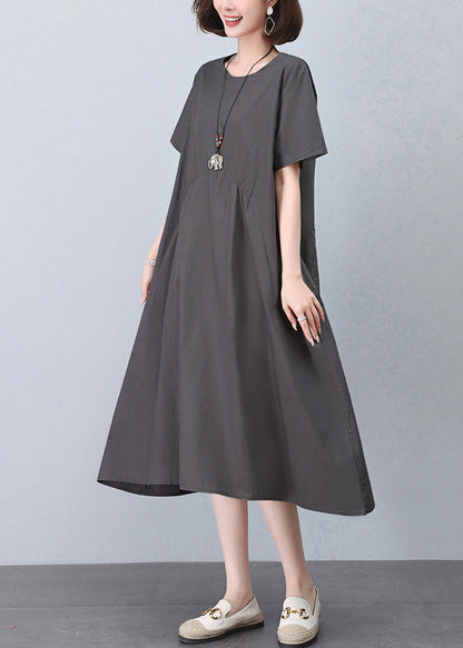 New Grey O Neck Pockets Cotton Dresses Summer MN052 MMDM-SDL240704