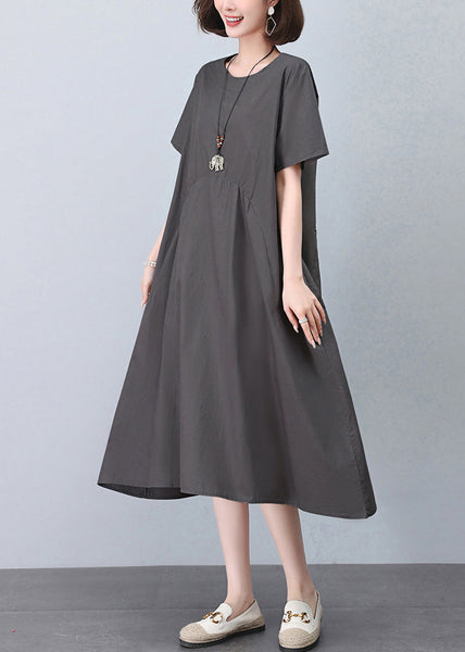 New Grey O Neck Pockets Cotton Dresses Summer MN052 MMDM-SDL240704