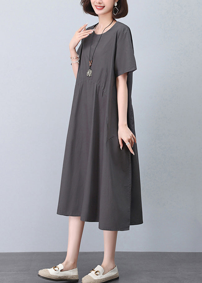 New Grey O Neck Pockets Cotton Dresses Summer MN052 MMDM-SDL240704