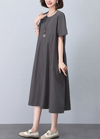 New Grey O Neck Pockets Cotton Dresses Summer MN052 MMDM-SDL240704