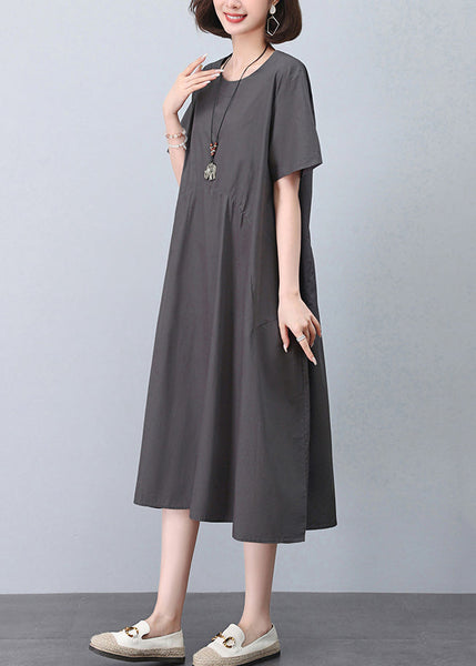 New Grey O Neck Pockets Cotton Dresses Summer MN052 MMDM-SDL240704