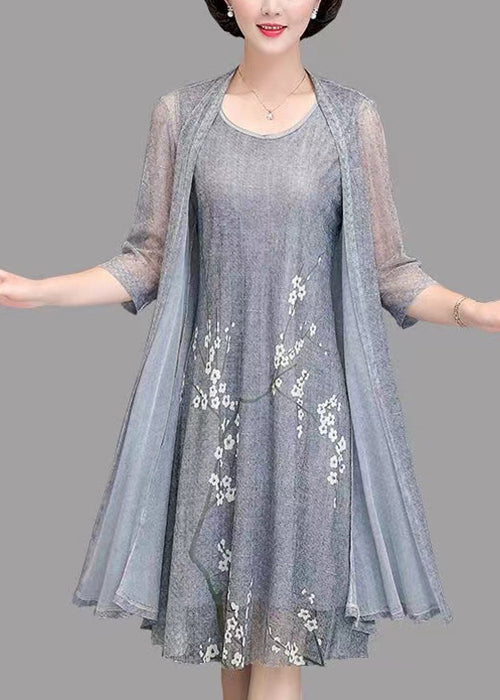 New Grey O Neck Print Tulle Two Piece Set Spring OP1081 Ada Fashion