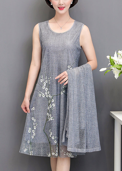 New Grey O Neck Print Tulle Two Piece Set Spring OP1081 Ada Fashion