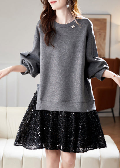 New Grey O Neck Sequins Patchwork Cotton Dress Spring RL025 ABC