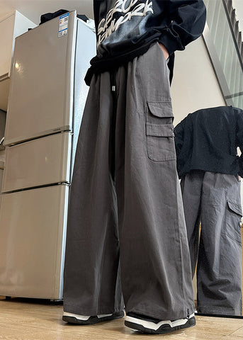 New Summer Mens Cotton Pockets Waist Elastic Pants Grey FashionChic