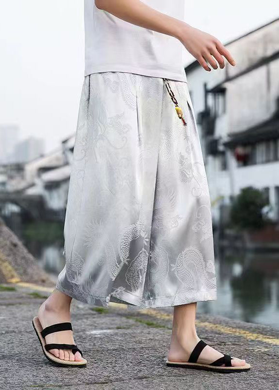 New Grey Pockets Print Ice Silk Men Crop Pants Casual Clothing Summer SA056 Men-casual-MENCP240726