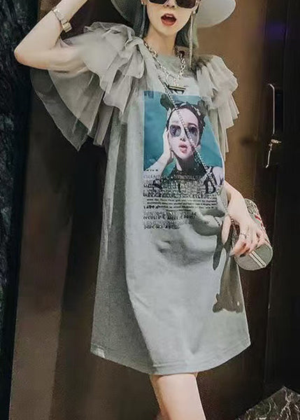 Cotton New Dress Tulle Grey Shirts Patchwork Print T Summer FashionChic