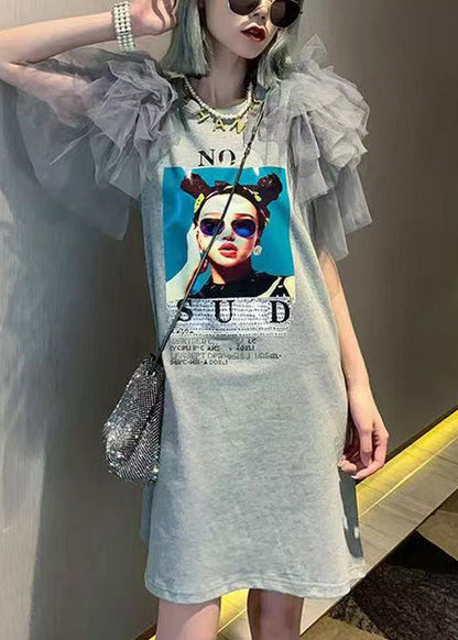 Cotton New Dress Tulle Grey Shirts Patchwork Print T Summer FashionChic