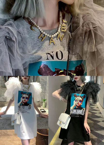 Cotton New Dress Tulle Grey Shirts Patchwork Print T Summer FashionChic