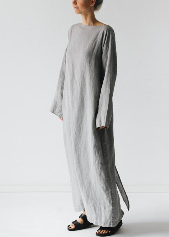 New Grey Solid Tie Waist Cotton Long Dress Long Sleeve FF042 MZF-FDL240607