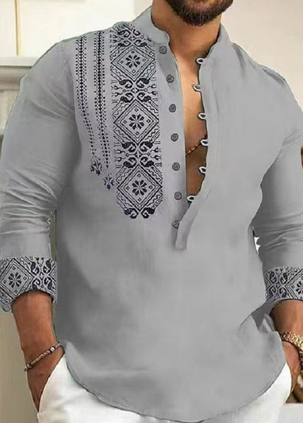 Stand Cotton Men's New Print Grey Fall Collar Shirts FashionChic