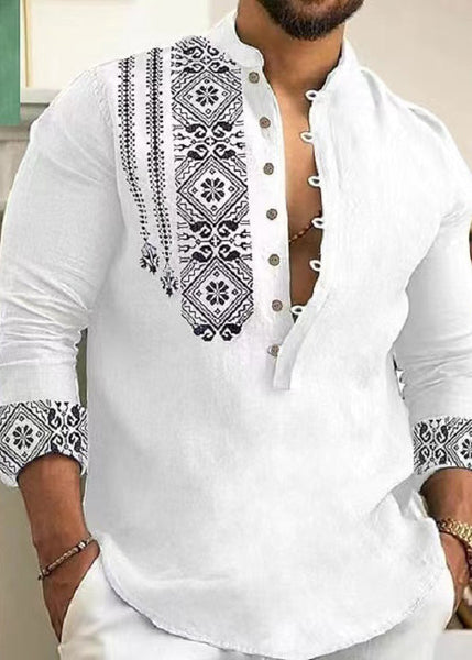 Stand Cotton Men's New Print Grey Fall Collar Shirts FashionChic