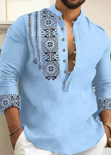 Stand Cotton Men's New Print Grey Fall Collar Shirts FashionChic